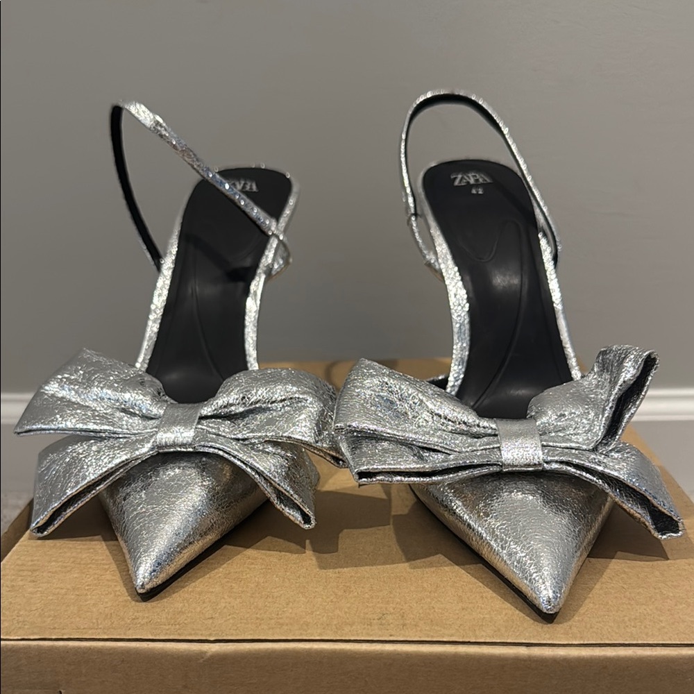 Zara Silver Bow Slingback Heels